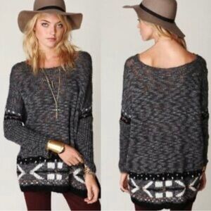 Free People Sweater Women XS Take Me Home Gray Wool Blend Aztec Oversized Boho